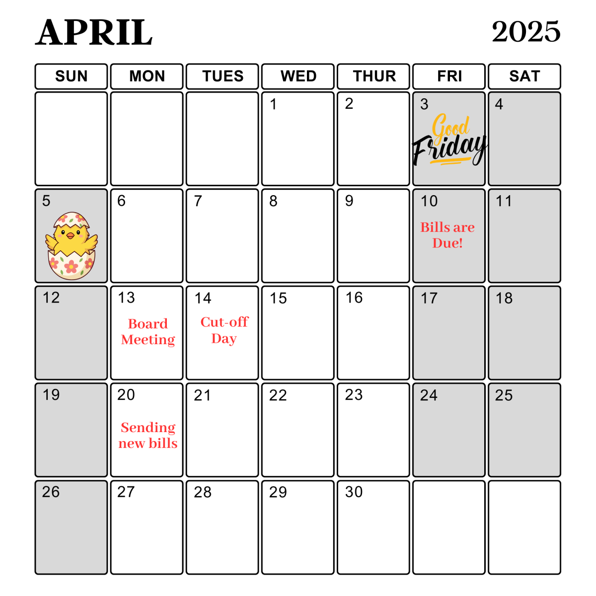 Calendar with grey tabs for closed days