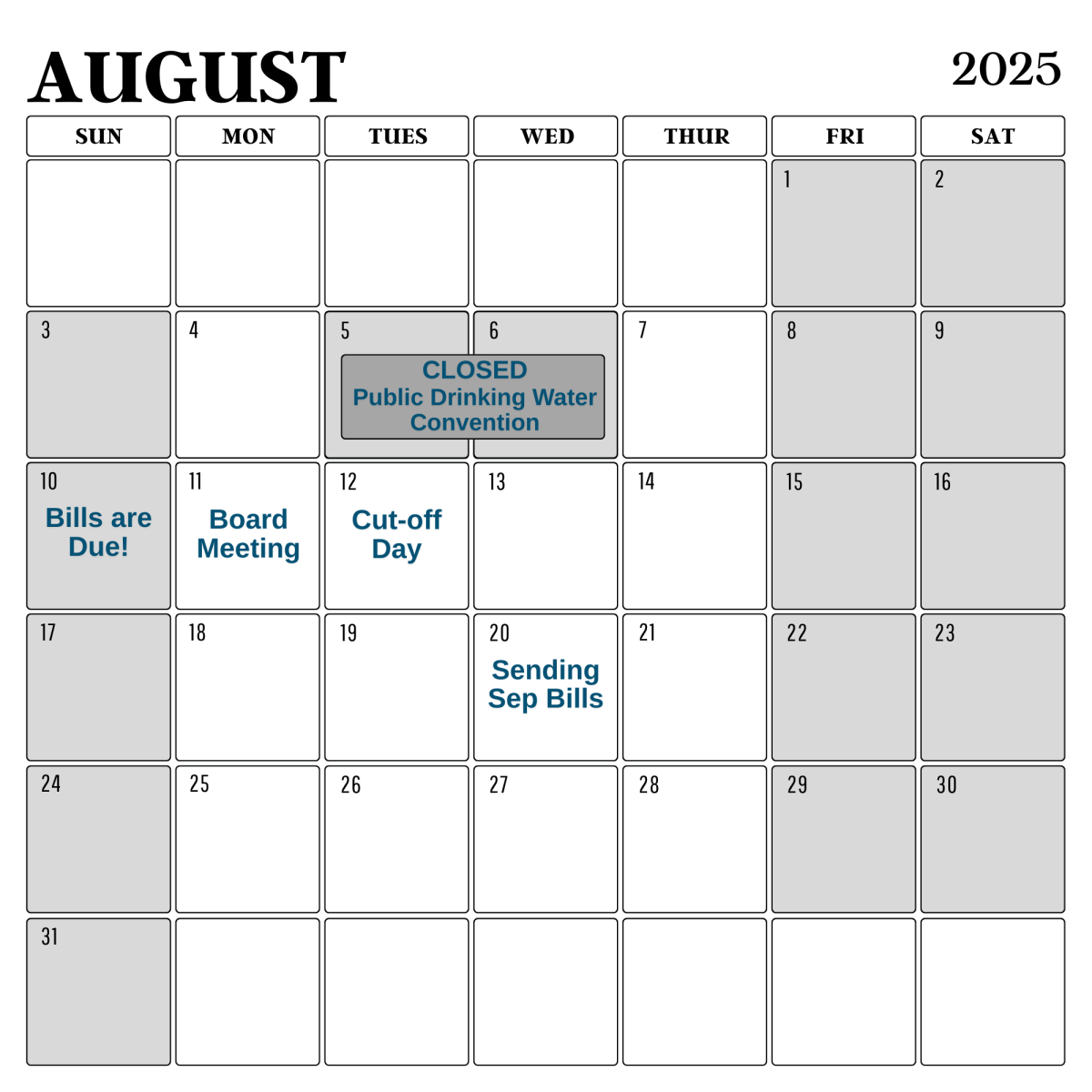 Calendar with grey tabs for closed days