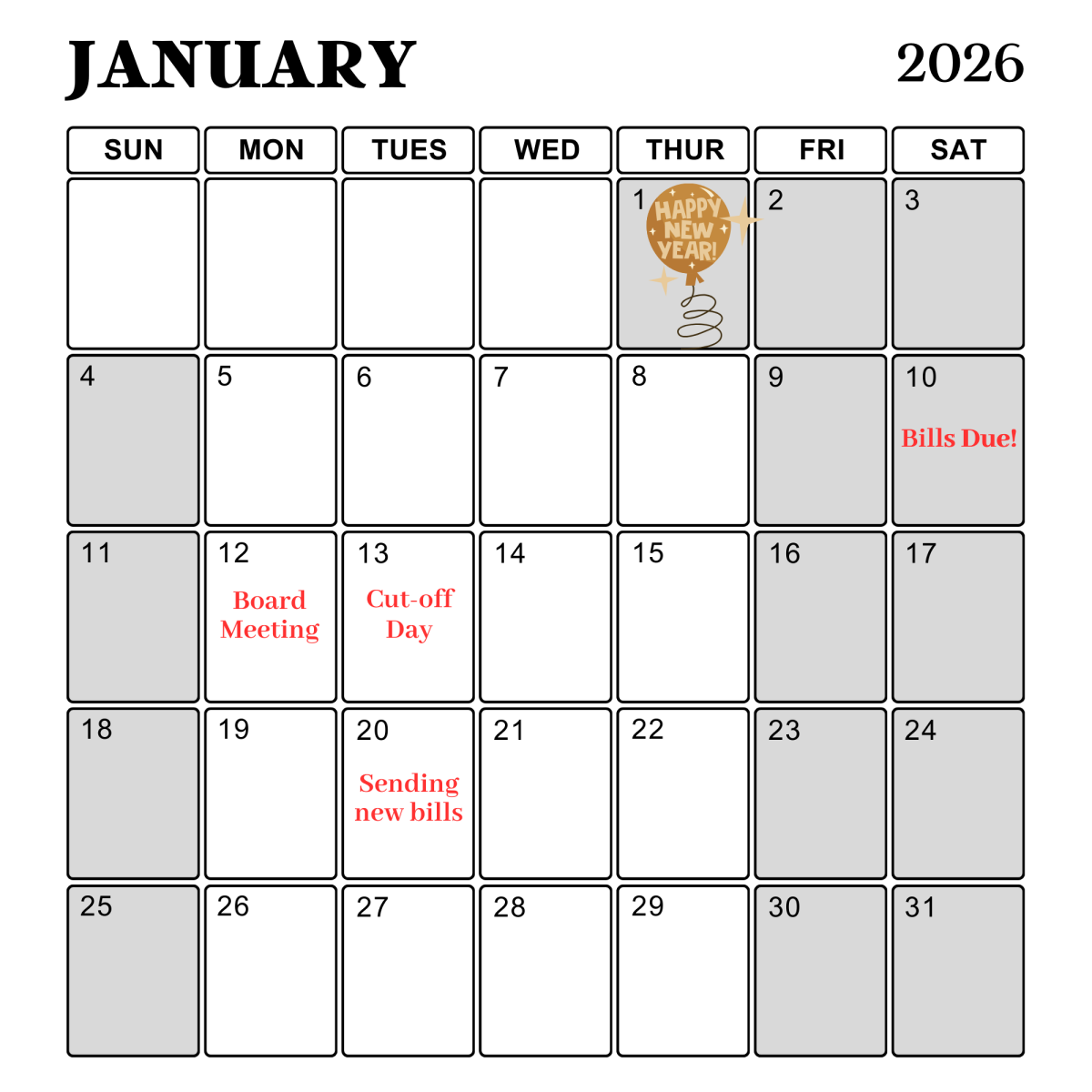 Calendar with grey tabs for closed days