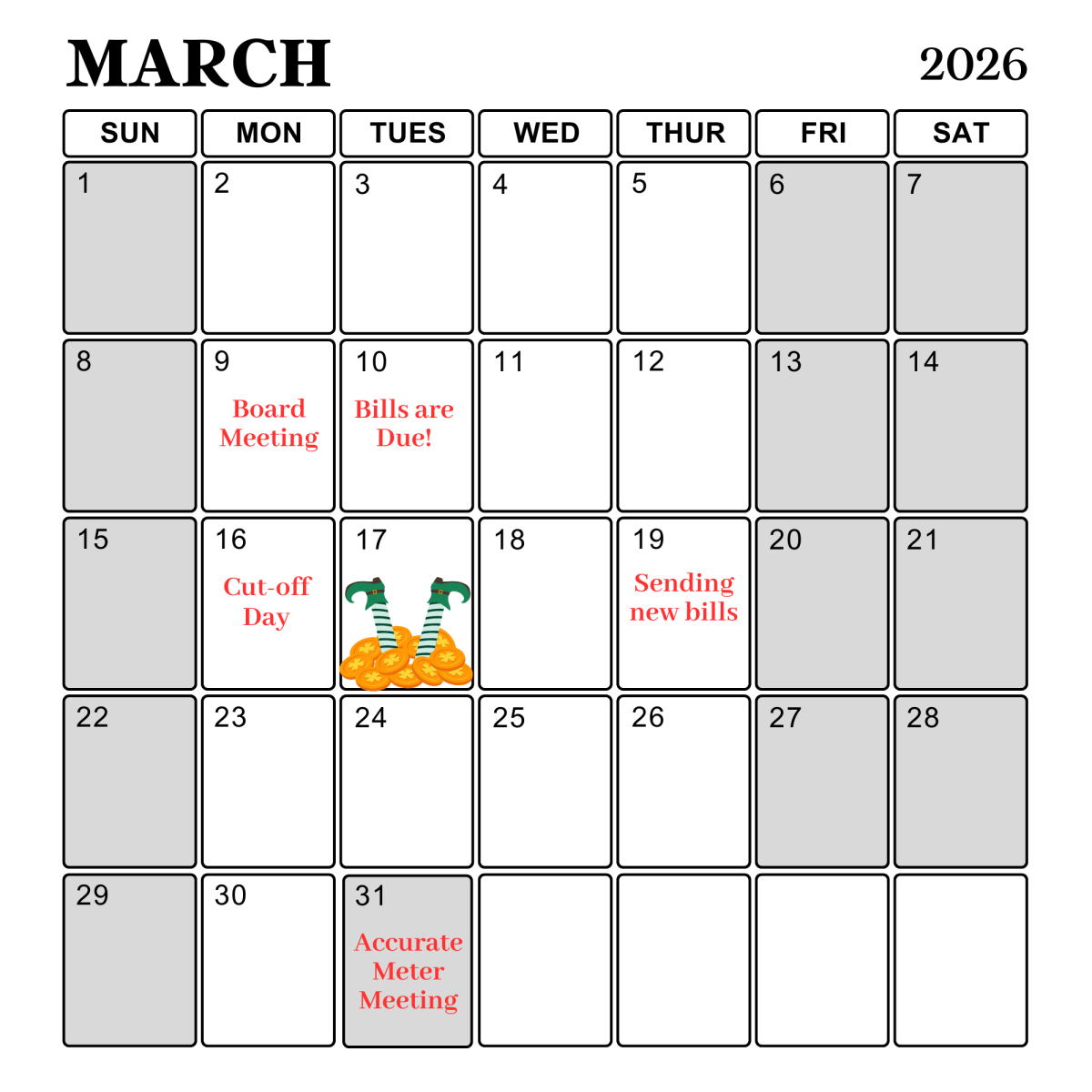 Calendar with grey tabs for closed days