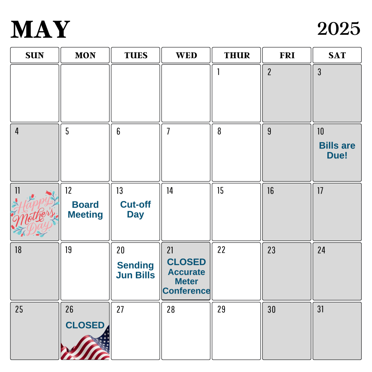 Calendar with grey tabs for closed days