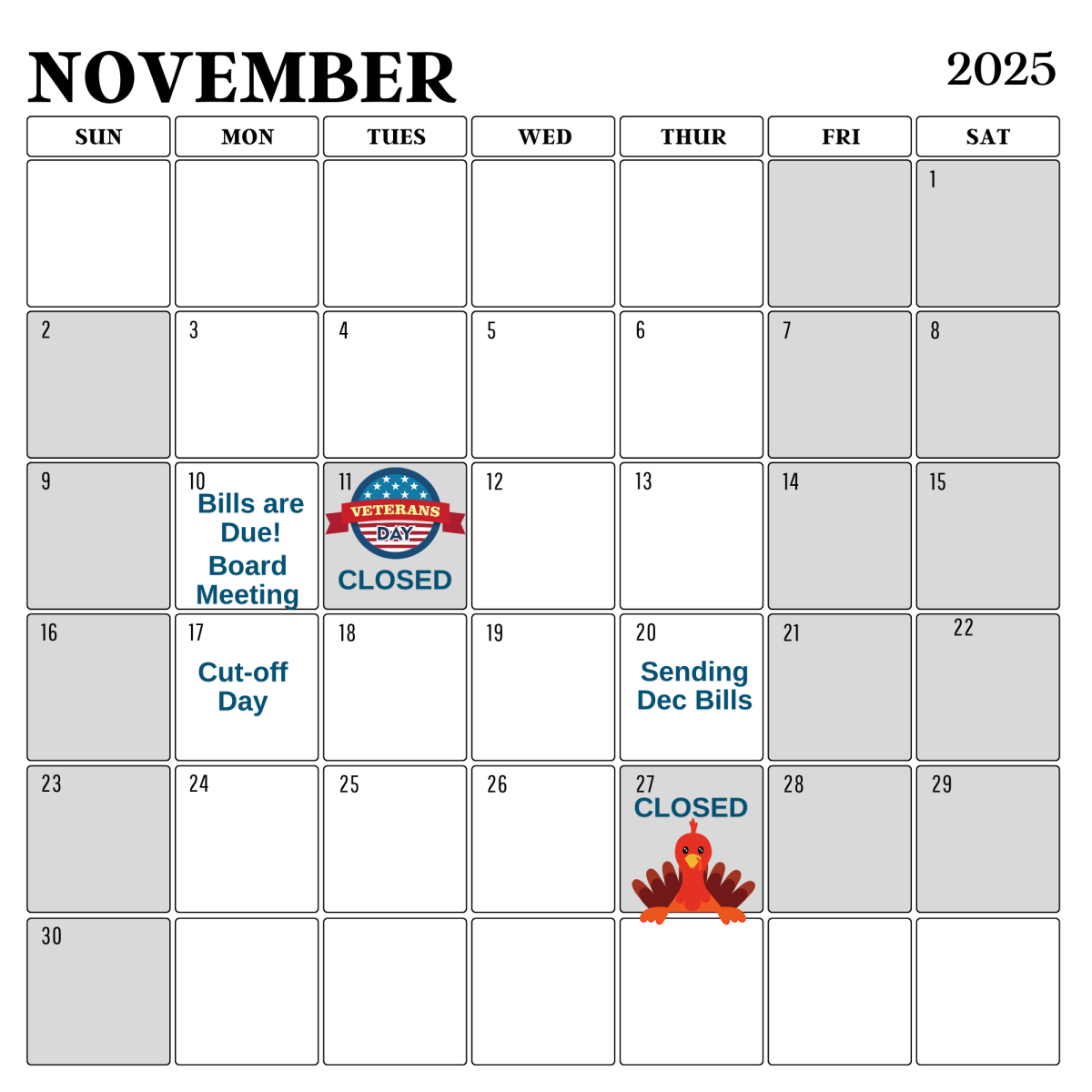 Calendar with grey tabs for closed days